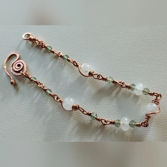 Moonstone Copper Chain Bracelet Rare Green Apatite Gems Dainty Artisan Crafted - Picture 15 of 16